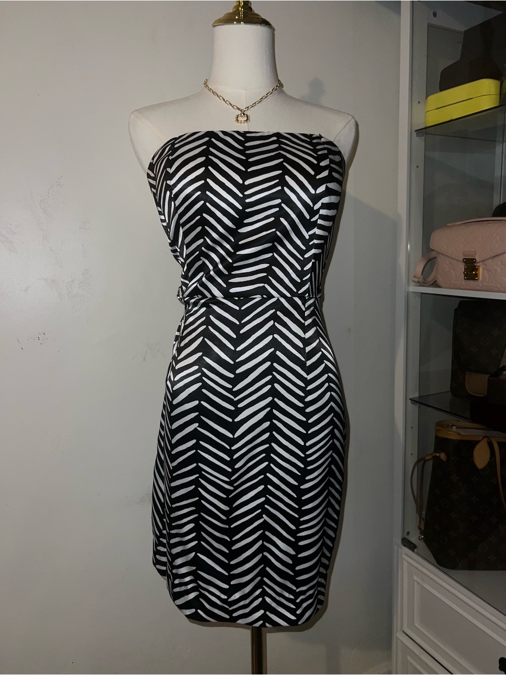 BCBGeneration Strapless Black and White Chevron Dress